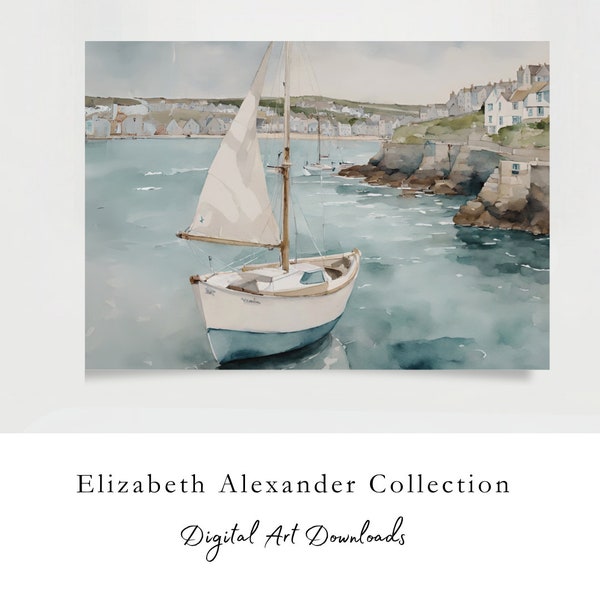 Coastal Cornwall Sail Boat, Digital Print, Interior Wall Art, House Decor, Still Life, Gift, Vintage, Printable Art