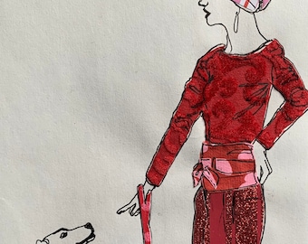 Girl in Red Teaching Dog Illustration Ink Drawing Collage