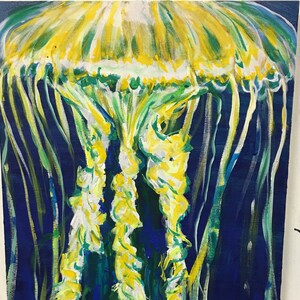 May include: A painting of a jellyfish with a yellow bell and long, flowing tentacles. The jellyfish is painted on a dark blue background.