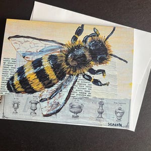 Tarjeta con una abeja y urnas de jardín a partir de una pintura o collage original