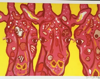 Three Pink Giraffes Limited Edition Print from Original Painting Collage NOW 15