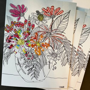 Bright Flower Bouquet Single Note Card from Original Pen and Ink Drawing Collage image 5