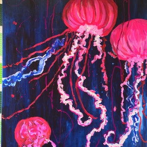May include: A painting of three pink jellyfish with white tentacles against a dark blue background.