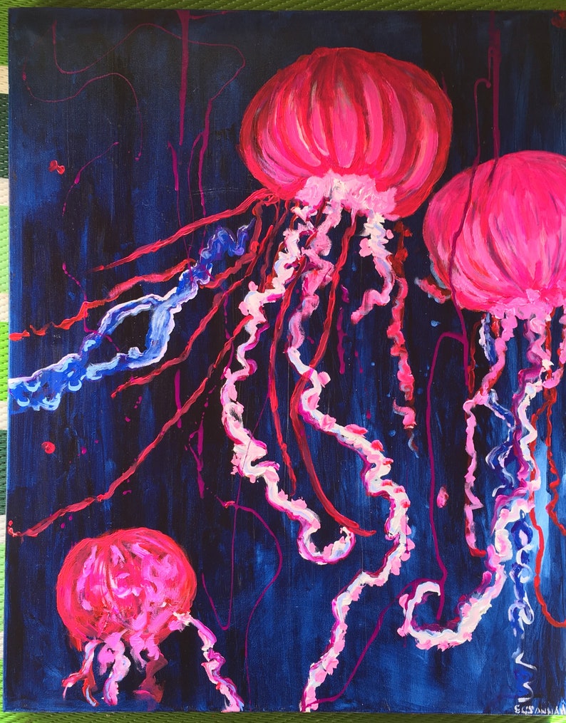 May include: A painting of three pink jellyfish with white tentacles against a dark blue background.