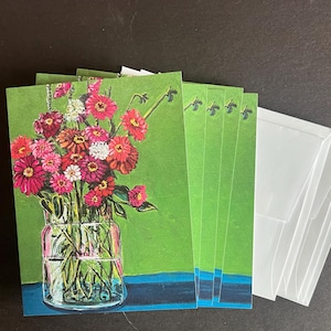 Zinnias on Green Set of 5 Note Cards from Original Painting