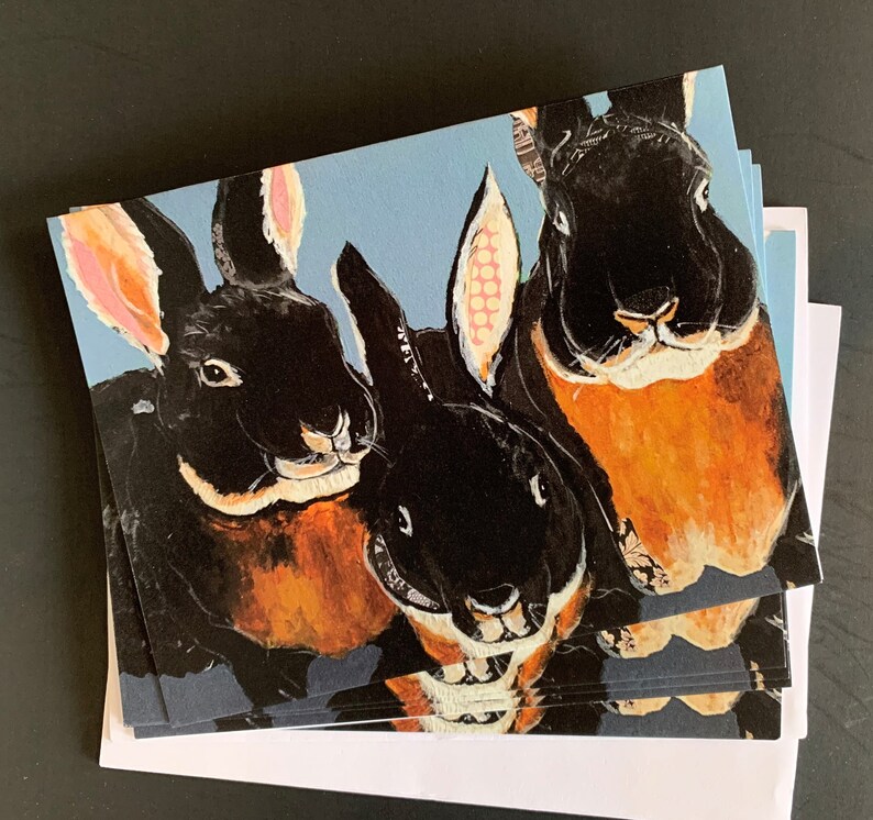 Black Velvet Bunnies Notecard Set from Original Painting image 1
