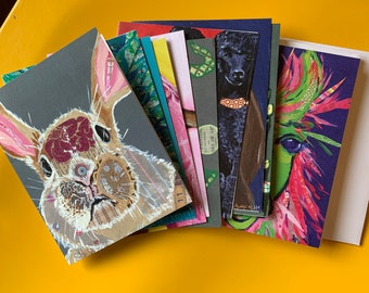 Set di 10 biglietti per appunti di vari animali da collage/dipinti originali