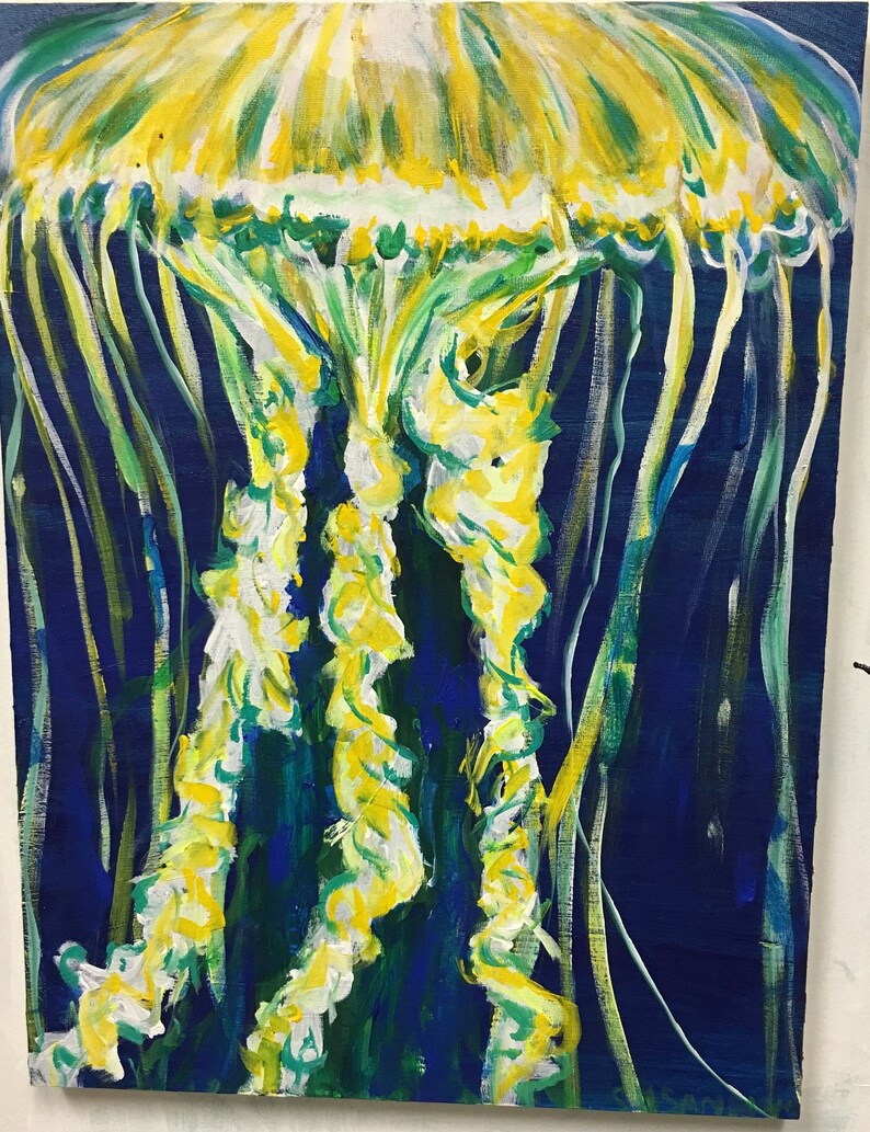 May include: A painting of a jellyfish with a yellow bell and long, flowing tentacles. The jellyfish is painted on a dark blue background.