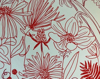 Flower Illustration Pen and Ink in Reds