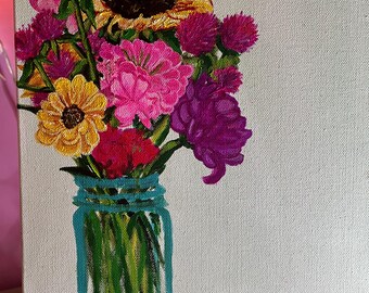 明るい青のアクリル絵の具で描いた花束 - Etsy 日本