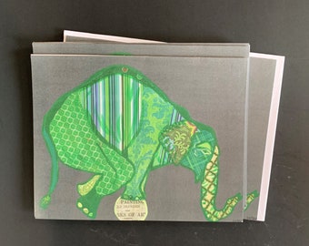 Balancing Green Elephant  Note card Set from Original Painting Collage