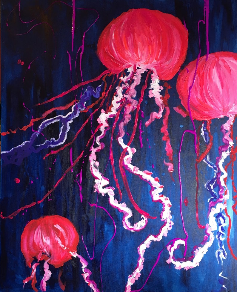 May include: Three pink jellyfish with white tentacles on a dark blue background. The jellyfish are painted in a stylized way, with the tentacles flowing and swirling.
