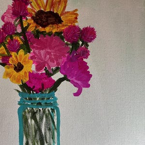 May include: A painting of a bouquet of flowers in a blue mason jar. The flowers are pink, yellow, and purple. The background is a light green.