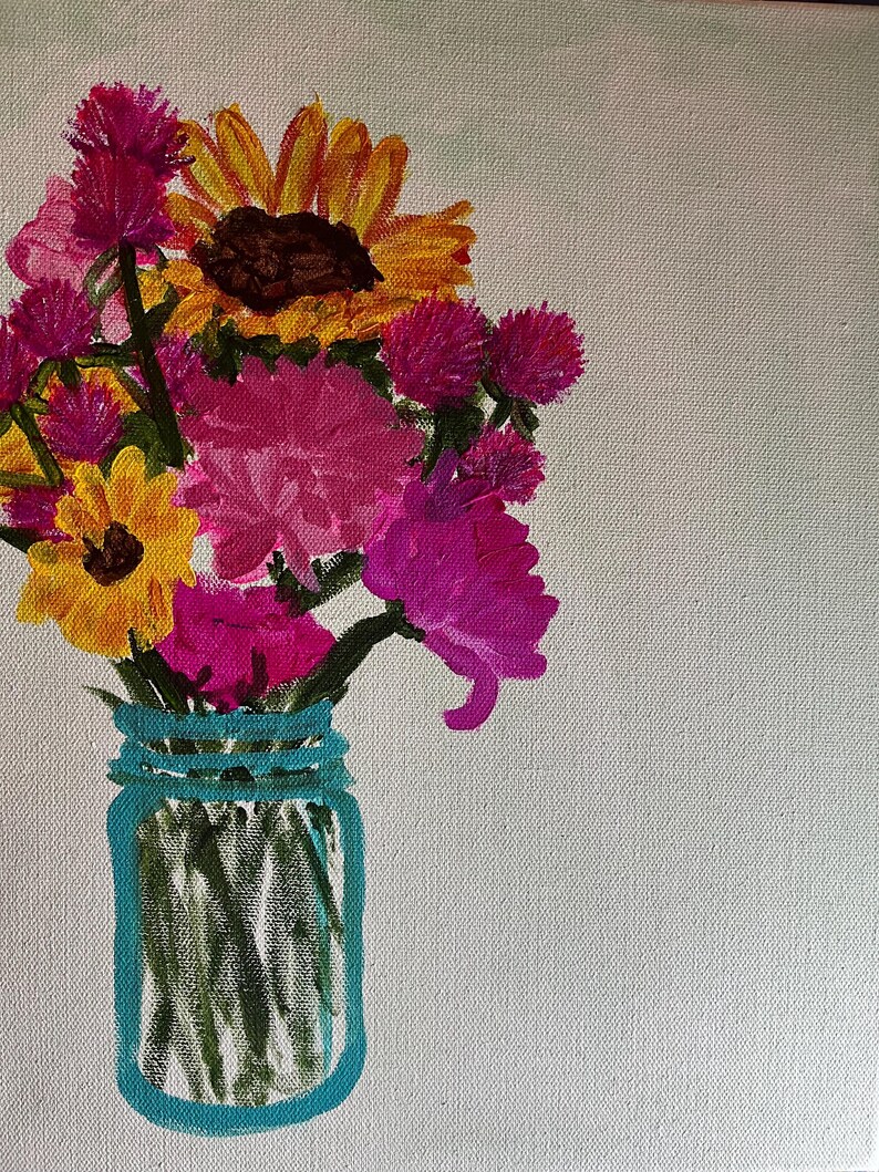 May include: A painting of a bouquet of flowers in a blue mason jar. The flowers are pink, yellow, and purple. The background is a light green.