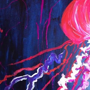 May include: Abstract painting with pink, white, and purple paint strokes on a dark blue background. The paint strokes resemble a jellyfish.