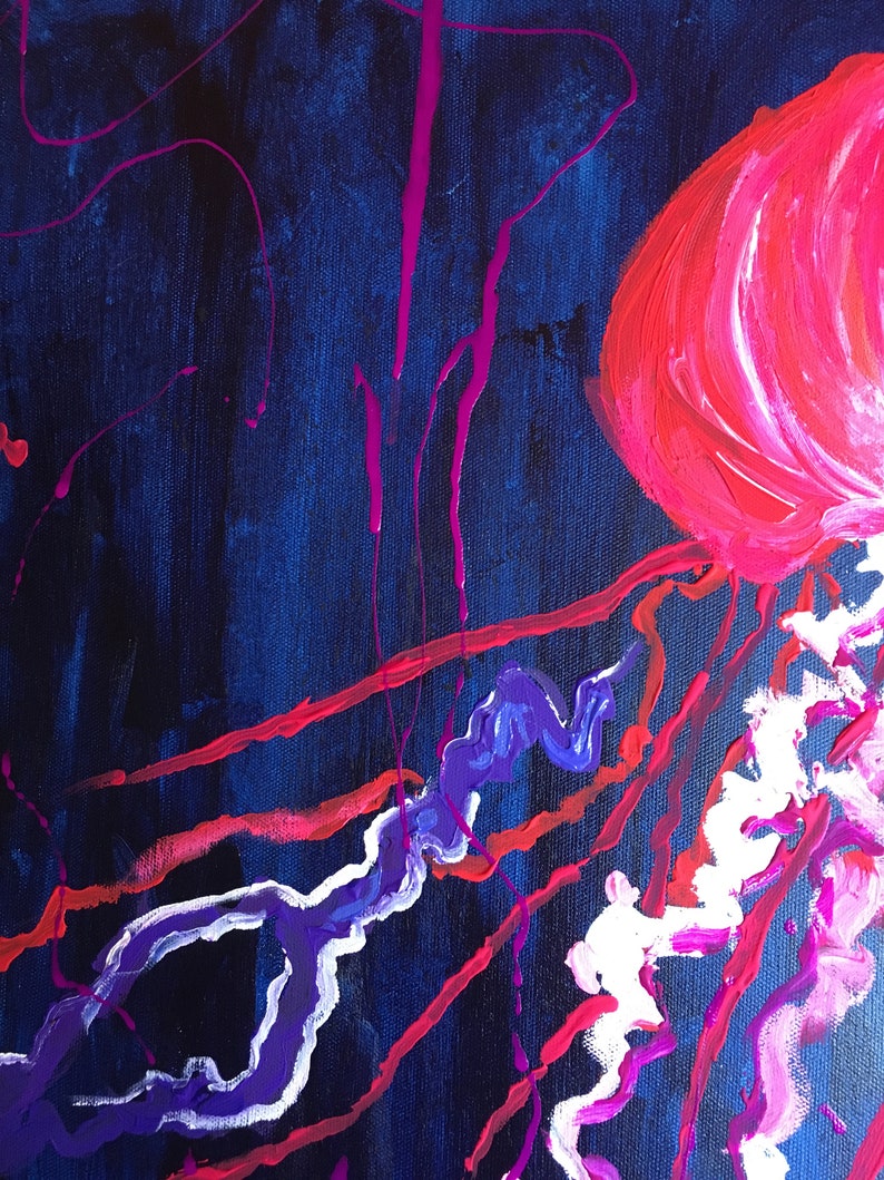 May include: Abstract painting with pink, white, and purple paint strokes on a dark blue background. The paint strokes resemble a jellyfish.