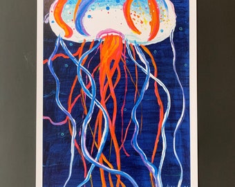 Down Deep Blue and Orange Jellyfish Limited Edition Print from Original Painting