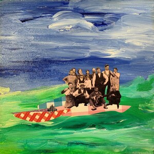 May include: A group of people in vintage clothing are standing on a red and white checkered picnic blanket. The blanket is floating on a green and blue painted background. A bee is flying above the blanket.