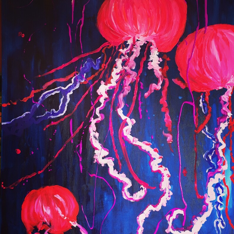 May include: A painting of three pink jellyfish with white tentacles on a dark blue background.