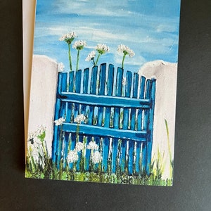 Blue Gate with White Flowers Single Notecard From Original Painting