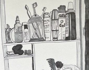 Teddy Bathroom Cabinet Illustration Noir, Blanc et Gris
