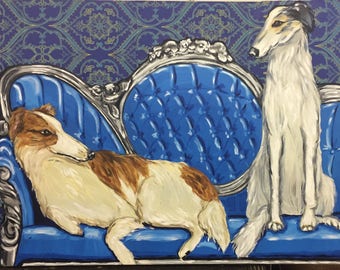 Elegante Borzois op formele blauwe bank originele schilderij collage