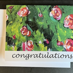 Tarjeta de felicitación con flores cálidas y una nota individual de la pintura original "Granada"