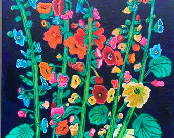 Old Fashioned Hollyhocks on Navy Original Acrylic Painting on Canvas