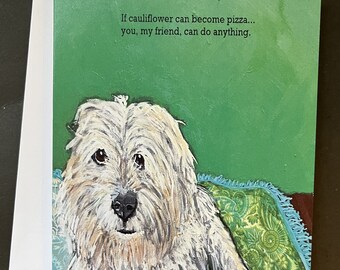 White Dog on Green Funny Quote Single Note Card from Original Painting/Collage