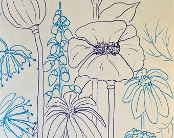 Flower Illustration Pen and Ink in Blues