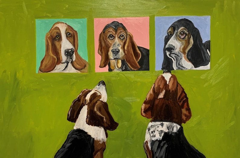 May include: An original painting featuring three portraits of Basset Hounds against a bright green background. The portraits are set on square backgrounds of pink, blue, and green. Two Basset Hounds are shown from the back, looking up at the portraits.