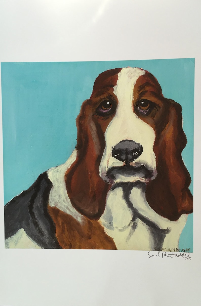 Basset Hound on Sky Blue Limited Edition Print From Original Collage Painting image 1