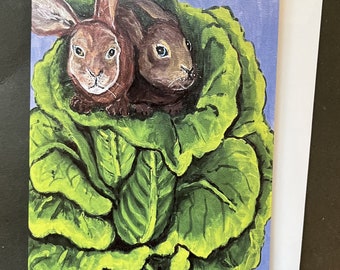 Rabbits in Lettuce Single Note Card from Original Acrylic Painting