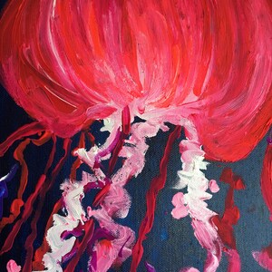 May include: A painting of a red jellyfish with white tentacles on a dark blue background.