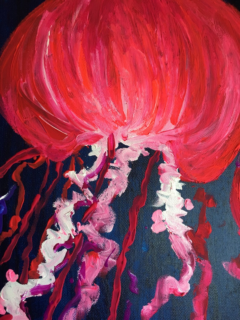 May include: A painting of a red jellyfish with white tentacles on a dark blue background.