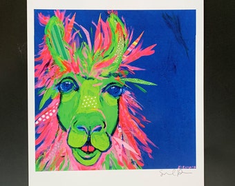 Driekleurige lama Limited Edition-afdruk van originele schilderijcollage