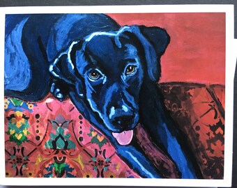 Black Lab on Couch Single Notecard From Original Painting Collage