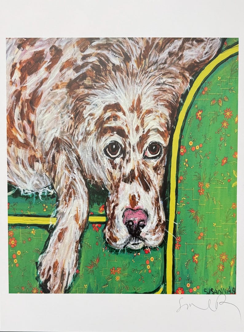 May include: An acrylic painting of a brown and white spotted dog with a pink nose resting on a green sofa with a yellow trim and a small orange floral pattern. The artwork features visible brushstrokes and the signature Susannah in the bottom corner.
