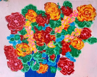 Red Orange Bouquet with Cool Blues and Greens Original Acrylic Painting