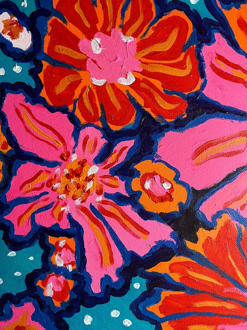 May include: A painting of pink and orange flowers with blue outlines on a teal background with white polka dots.