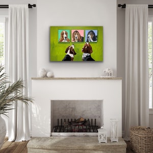May include: A rectangular painting featuring three basset hound portraits in colorful frames against a green background. Below, two more hounds are depicted. The artwork is displayed above a fireplace, enhancing the room's decor.