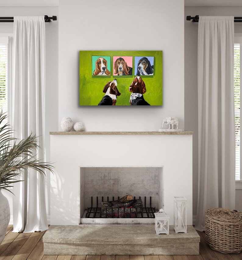 May include: A rectangular painting featuring three basset hound portraits in colorful frames against a green background. Below, two more hounds are depicted. The artwork is displayed above a fireplace, enhancing the room's decor.