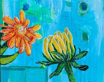 Flowers Talking On Abstract Blue Original Acrylic Painting