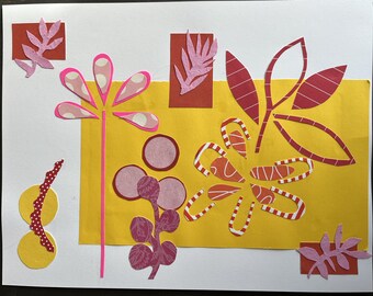 Abstract Floral Yellow, Orange and Red Original Cut Paper Collage on Paper