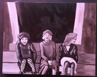 Monochromatic Girls on Steps Sepia Original Oil Painting