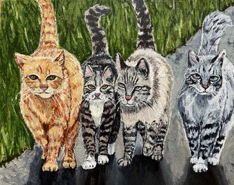 Original Acrylic Painting Four Felines