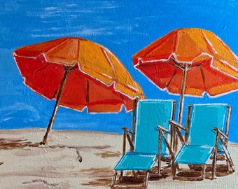 Orange Umbrellas on the Beach Original Acrylic Painting Daily Painting