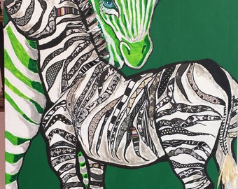 Original Animal Collage Patterned Zebras on Lime Green Animal Portrait