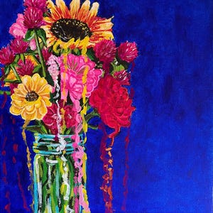 May include: A colorful bouquet of flowers in a clear glass jar with a pink, yellow, and red paint drip effect. The flowers are a mix of sunflowers, red and pink carnations, and yellow daisies. The background is a deep blue.