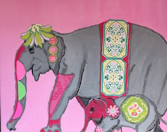 Festive Pink and Green Elephant Original Painting Collage